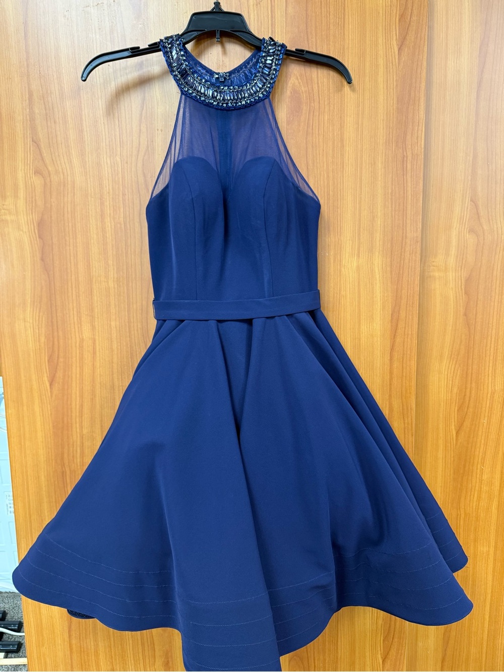 Mac Duggal Navy Beaded Halter Fit & Flare Dress